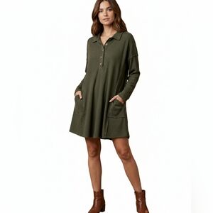 New In Dark Olive Green Waffle Knit Long Sleeve Mini Swing Dress Pockets Size L